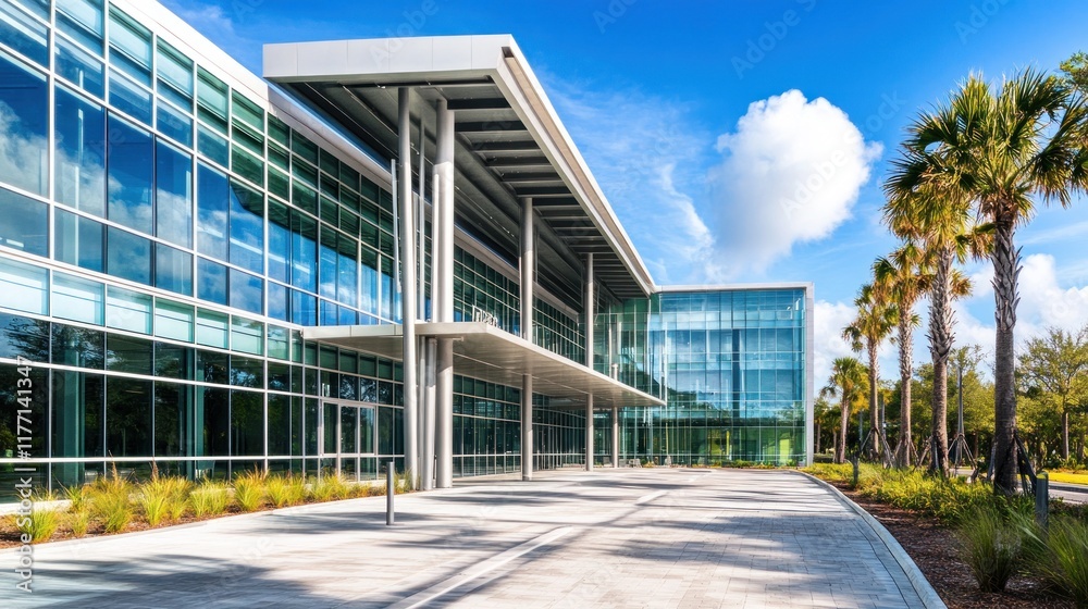 Obraz premium Modern Office Building with Palm Trees