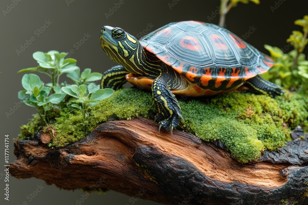 Obraz premium Colorful turtle resting on a mossy log surrounded by lush greenery in a serene habitat