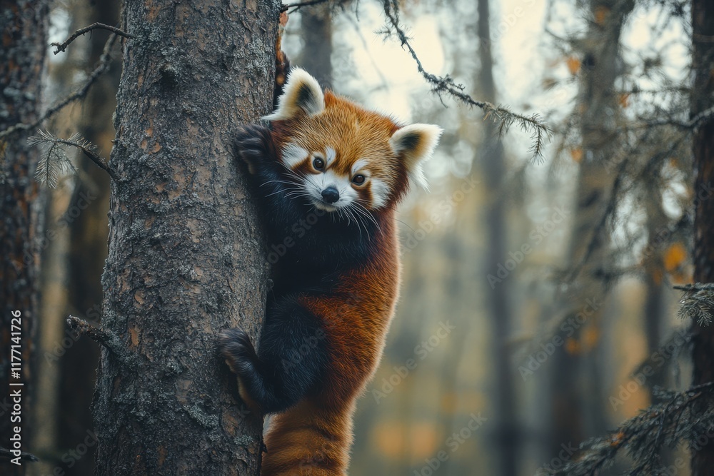 Fototapeta premium Red panda skillfully climbs a tree in a serene forest during autumn