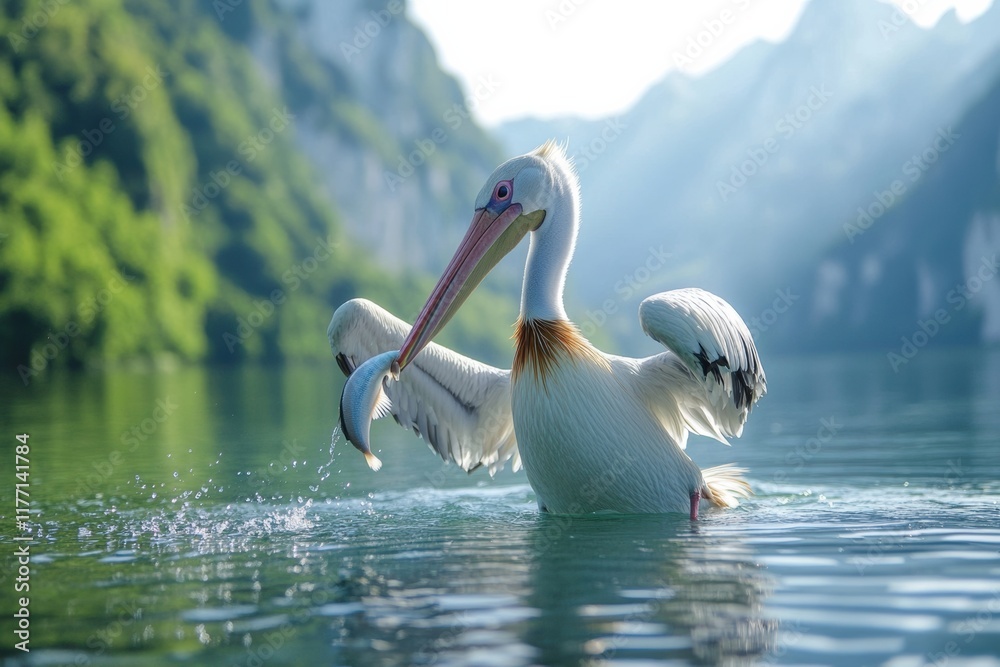 Pelican skillfully catches fish in tranquil waters during early morning hours Pelican skillfully catches fish in tranquil waters during early morning hours