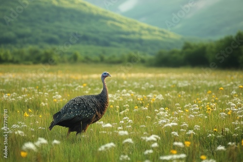 Wild turkey strutting proudly across a grassy field in the late afternoon light photo