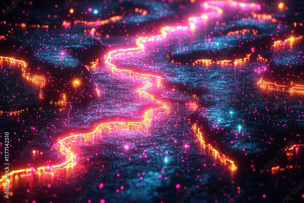 Fototapeta premium Glowing river flowing through dark, sparkling terrain, with glowing particles in background. Ideal for abstract digital backgrounds