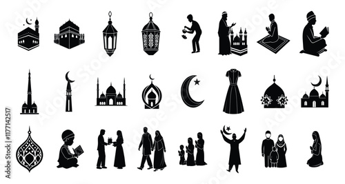 Mystical Set of Islamic Silhouettes for Prayer eid hajj faith kaaba   
