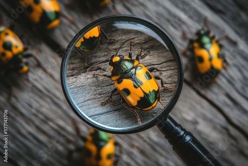 Close-up Examination of Colorful Insects Under a Magnifying Glass on Rustic Wooden Surface, Highlighting Pest Infestation in a Macro Perspective with Sharp Indoor Lighting photo