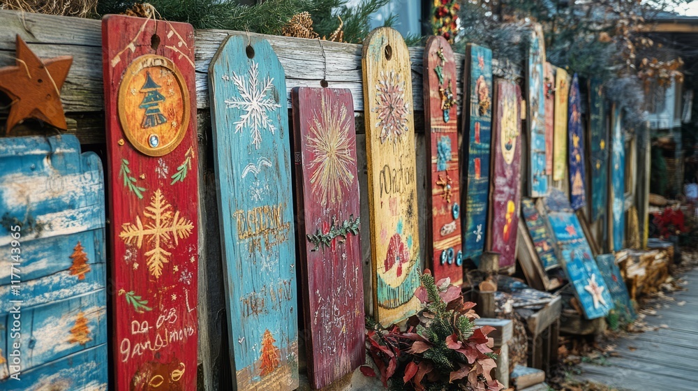 Fototapeta premium Wooden Signs: Hand-painted wooden signs with festive messages