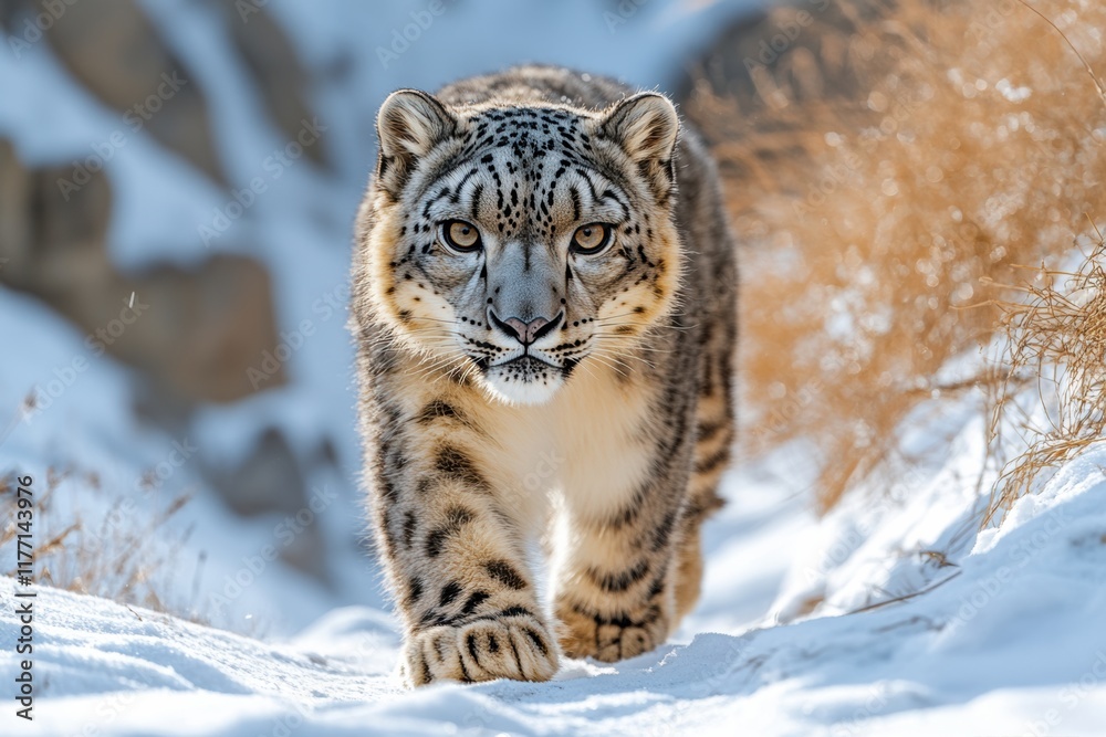 Leopard walks through melting snow in a serene winter landscape at dusk Leopard walks through melting snow in a serene winter landscape at dusk