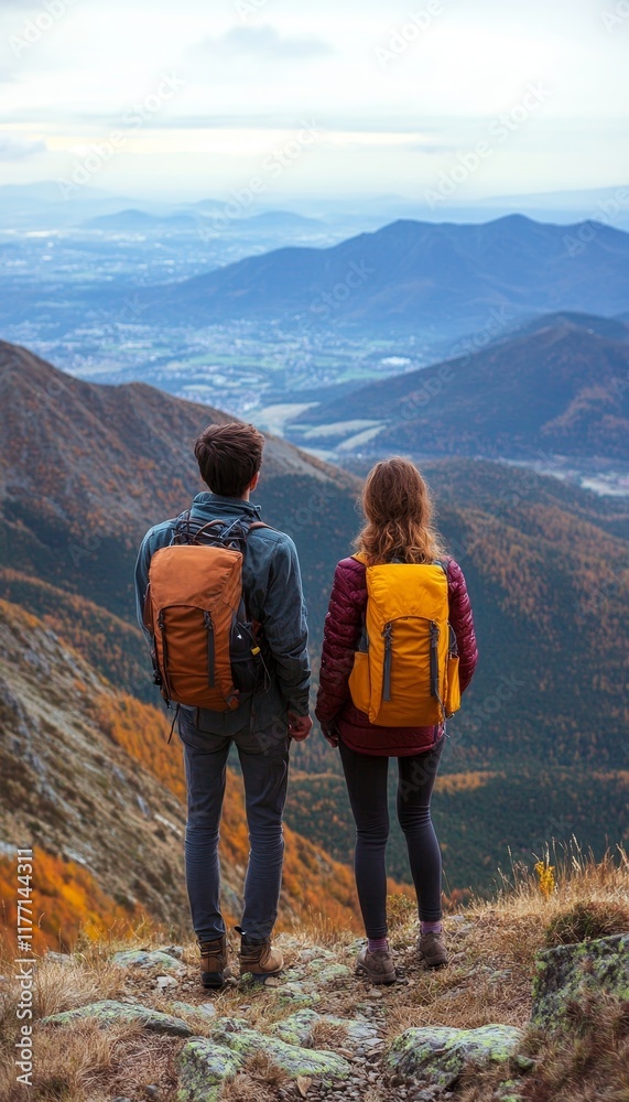 Couple Hiking, Admiring the Mountain View on a Sunny Autumn Day, Embracing the Travel Lifestyle Couple Hiking, Admiring the Mountain View on a Sunny Autumn Day, Embracing the Travel Lifestyle