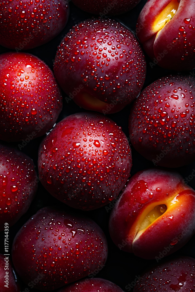 A bunch of red plums with water droplets on them A bunch of red plums with water droplets on them