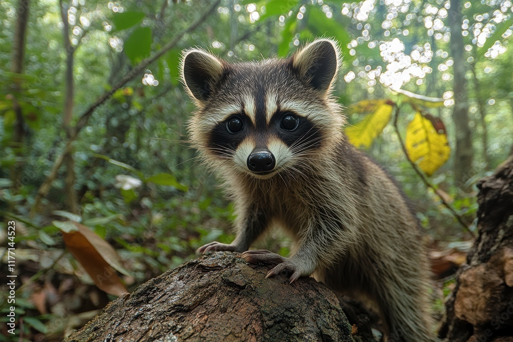 Obraz premium Raccoon exploring its natural habitat in a lush green forest during daylight hours