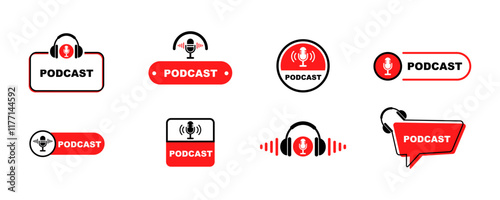 Set of podcast vector icons. Podcasting with microphone. Radio broadcast. Vector 10 Eps.