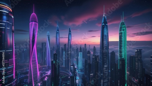 Futuristic Neon Cityscape at Night with Towering Skyscrapers