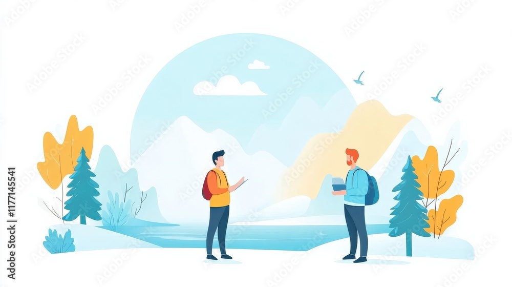 Two Men Engaged in Conversation on a Scenic Mountain Landscape with Trees and Calm Water in a Minimalist Style Illustration Two Men Engaged in Conversation on a Scenic Mountain Landscape with Trees and Calm Water in a Minimalist Style Illustration