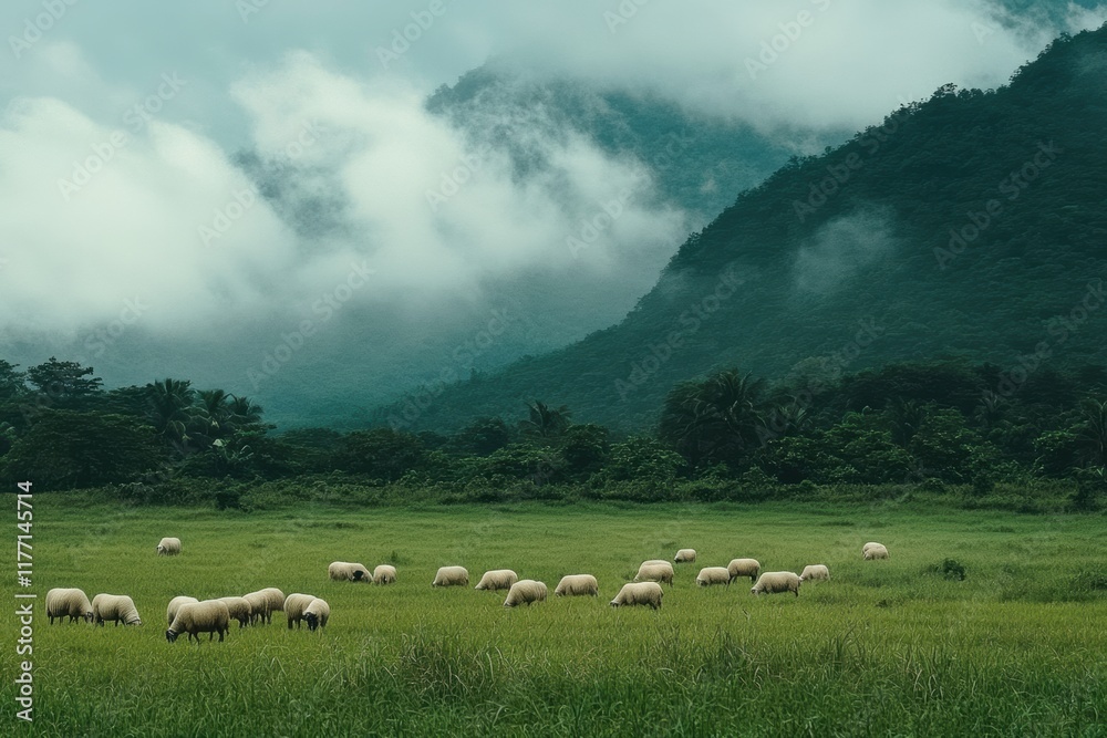 Obraz premium Sheep grazing peacefully in Sheep Meadow during the early spring morning