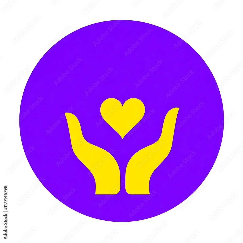 Heart in Hands: A vibrant symbol of care and compassion. Yellow hands gently cradling a golden heart against a rich purple circular backdrop. Perfect for representing love, support, charity. Heart in Hands: A vibrant symbol of care and compassion. Yellow hands gently cradling a golden heart against a rich purple circular backdrop. Perfect for representing love, support, charity.