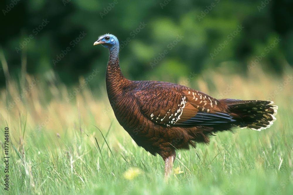 Wild turkey displaying feathers in lush grassy field during daytime