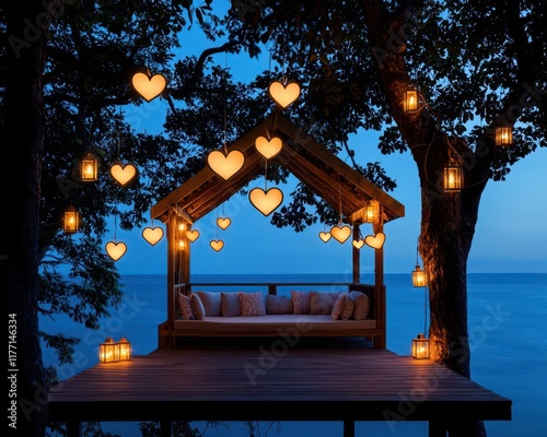 Heartadorned treehouse entrance with a romantic outdoor seating area lit by Valentinethemed lanterns photo