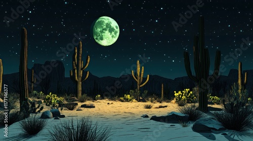 Desert landscape at night with cacti and a large moon. photo