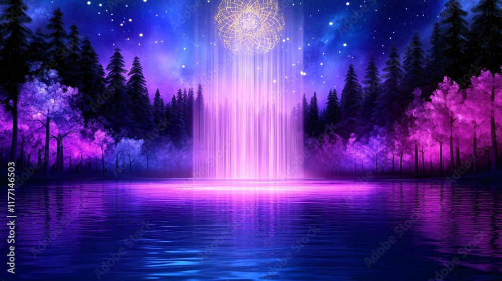Obraz premium Magical forest scene with glowing pink and purple light beams reflecting on a lake under a starry sky.