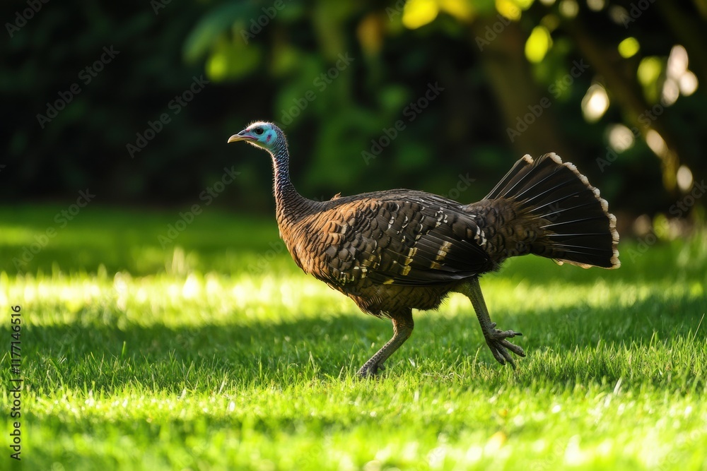 Turkey strutting confidently across lush green grass in natural sunlight on a warm day Turkey strutting confidently across lush green grass in natural sunlight on a warm day