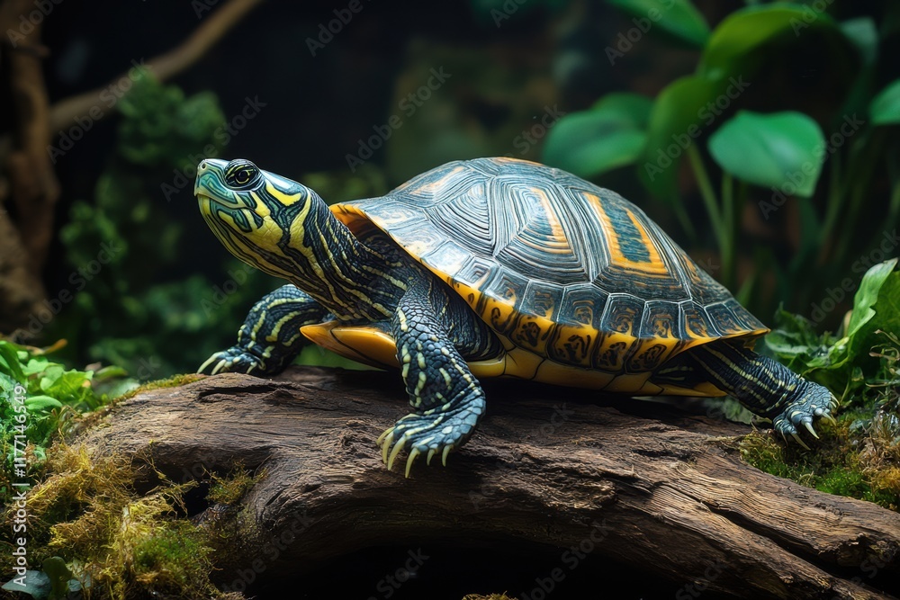 Colorful turtle resting on a log surrounded by lush greenery in a natural habitat setting Colorful turtle resting on a log surrounded by lush greenery in a natural habitat setting