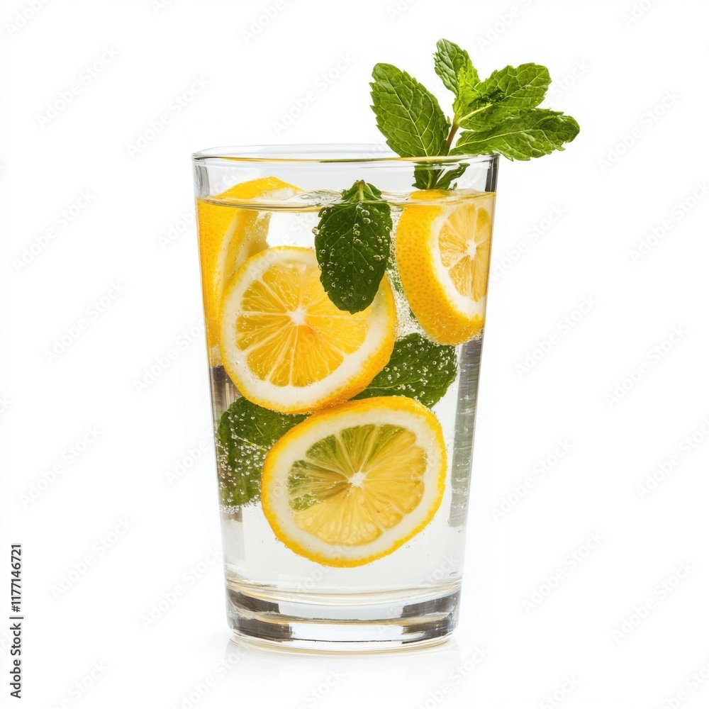 Fototapeta premium Refreshing lemonade with mint leaves served in a clear glass cup garnished with lemon slices