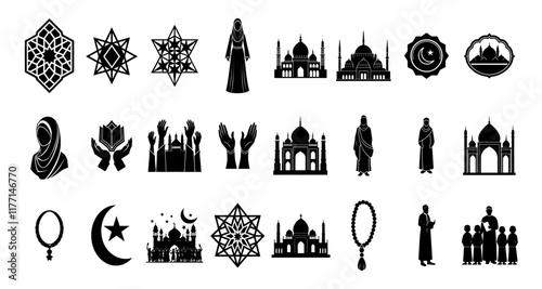 Graceful Islamic Prayer Silhouette Collection on Immaculate White canvas