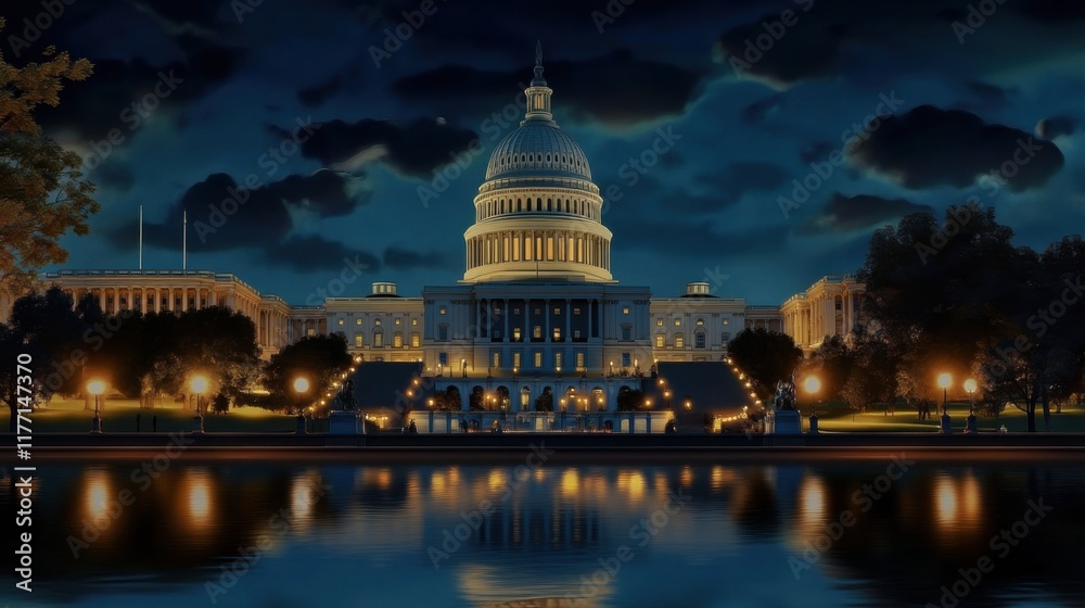 Obraz premium Majestic US Capitol Building at Night, A Stunning Architectural Masterpiece