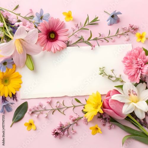 Banner with flowers on light pink background with space for text