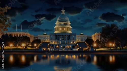 Majestic US Capitol Building at Night, A Stunning Architectural Masterpiece