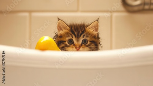 Kitten peeking bathtub edge with rubber duck photo