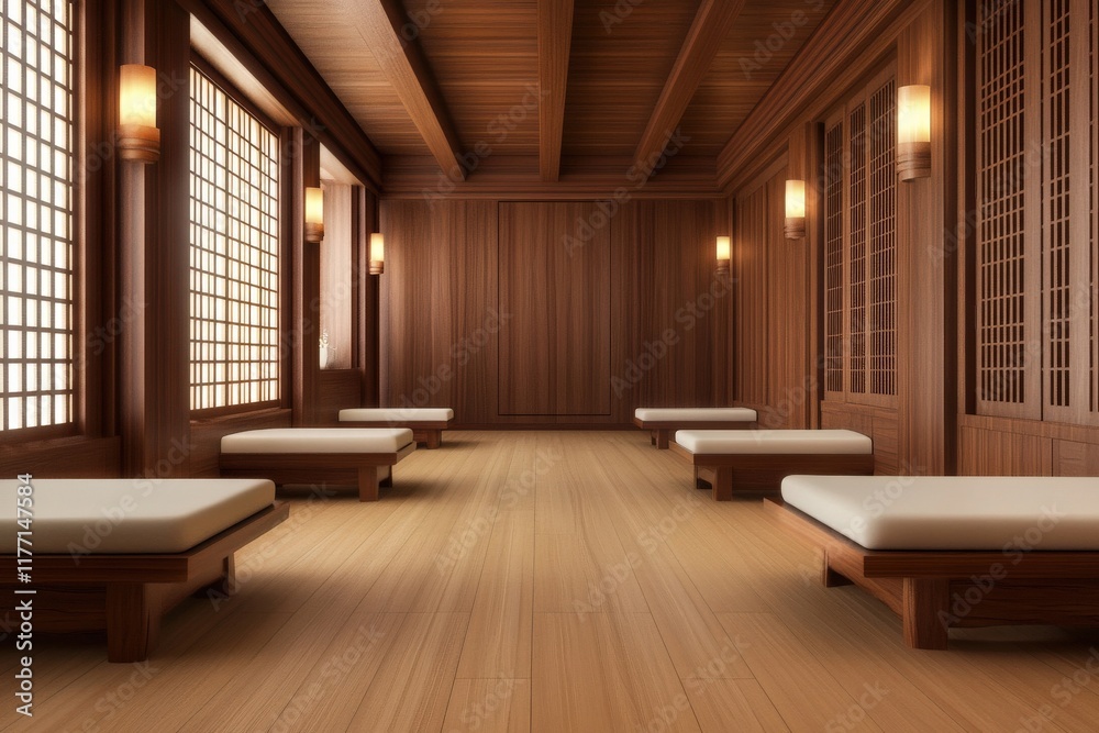 Tranquil Interior of a Wood-Finished Spa Room Featuring Multiple Relaxation Beds and Serene Natural Lighting Through Lattice Windows Tranquil Interior of a Wood-Finished Spa Room Featuring Multiple Relaxation Beds and Serene Natural Lighting Through Lattice Windows