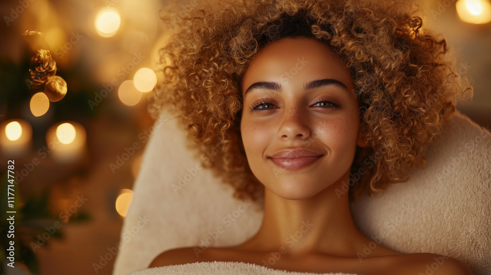 A girl with short, curly blonde hair, smiling softly as she relaxes in a plush spa chair. Her face is illuminated by a warm light as she undergoes a rejuvenating facial treatment. A girl with short, curly blonde hair, smiling softly as she relaxes in a plush spa chair. Her face is illuminated by a warm light as she undergoes a rejuvenating facial treatment.