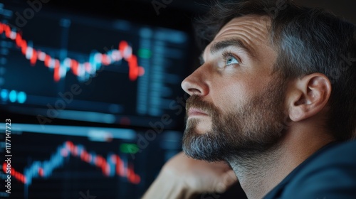 A stock trader nervously watching the market, seeing the sharp stock market decline and its impact on global investments. photo