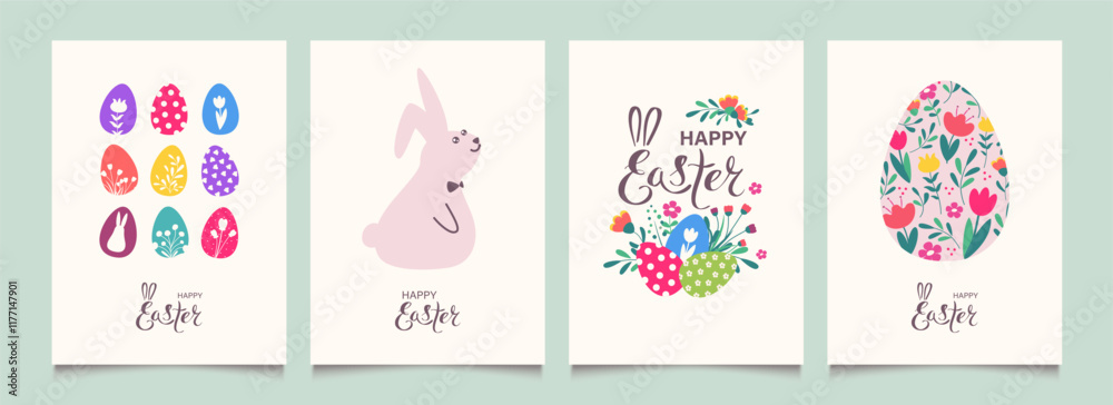 Easter greeting cards or posters with bright eggs, easter bunny and spring flowers. Minimalist banners, pattern backgrounds.  Vector illustration.