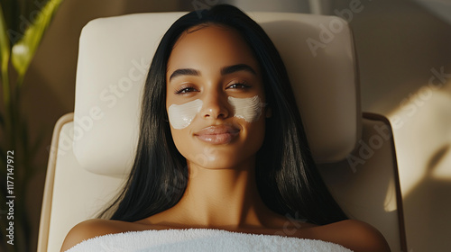 A young woman with long, straight black hair, lying comfortably on a sleek spa chair with a serene smile. Her face is under a gentle, warm light, while a professional applies a hyd photo