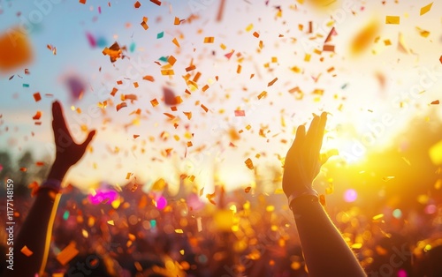 A vibrant celebration scene with raised hands, colorful confetti, and a glowing sunset backdrop, capturing the joy and energy of a festive moment. photo