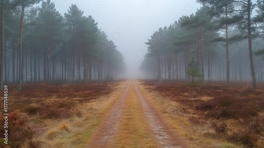 Fototapeta premium Misty forest path through heather.