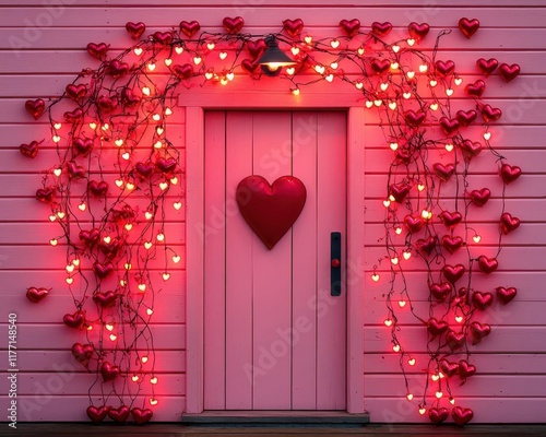 Treehouse entrance framed by Valentinethemed heartshaped vines and glowing red fairy lights photo