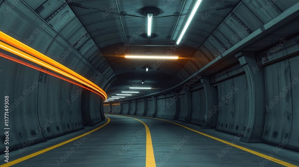Obraz premium Realistic Garage Underground Lights Hallway Tunnel Corridor Sci Fi, Futuristic Dark Parking 