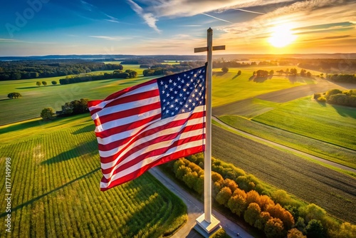 Aerial Drone Shot: Patriotism, American Flag Cross,  National Symbol, Independence Day,  USA