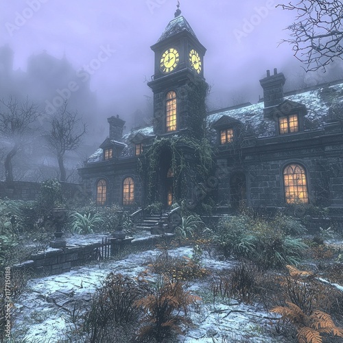 Stone mansion with clock tower in snowy, foggy garden at dusk. Lit windows hint at occupancy