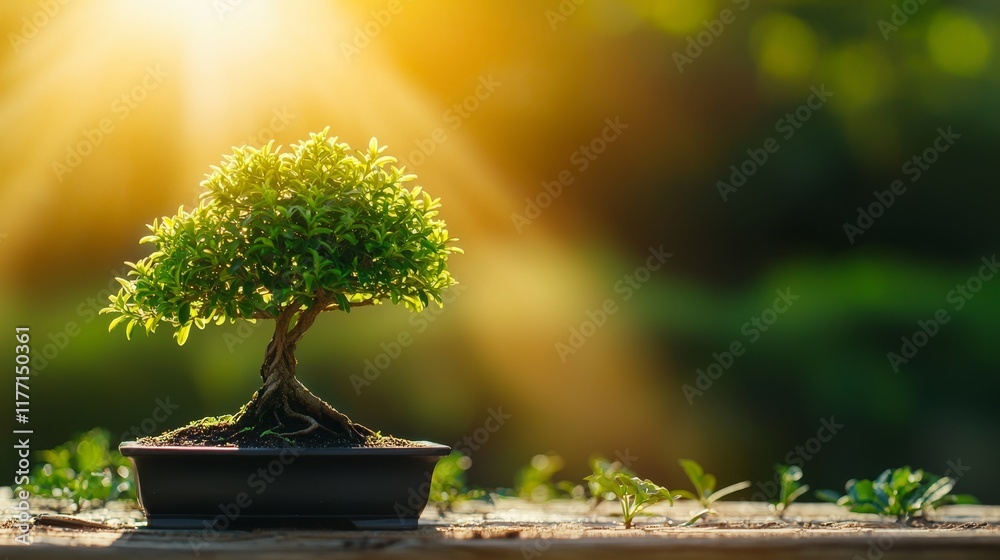 A small bonsai tree in a pot, illuminated by warm sunlight, showcasing lush green foliage against a blurred natural background. A small bonsai tree in a pot, illuminated by warm sunlight, showcasing lush green foliage against a blurred natural background.
