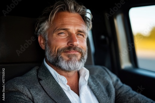 A confident middle-aged man with a well-groomed beard and a stylish suit, radiating charisma while seated in a dark vehicle, showcasing a relaxed demeanor and charm.