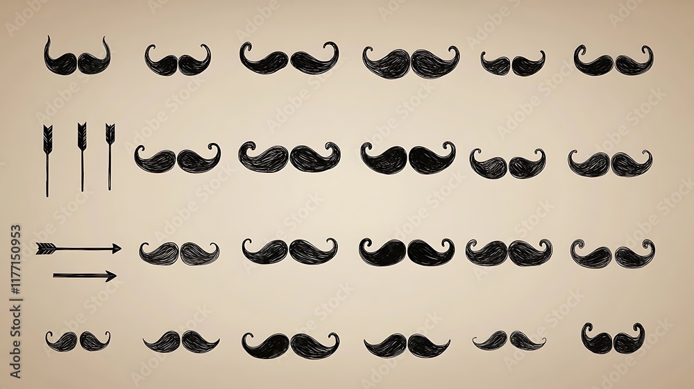 Fototapeta premium Hand-drawn mustache & arrow design elements on beige.