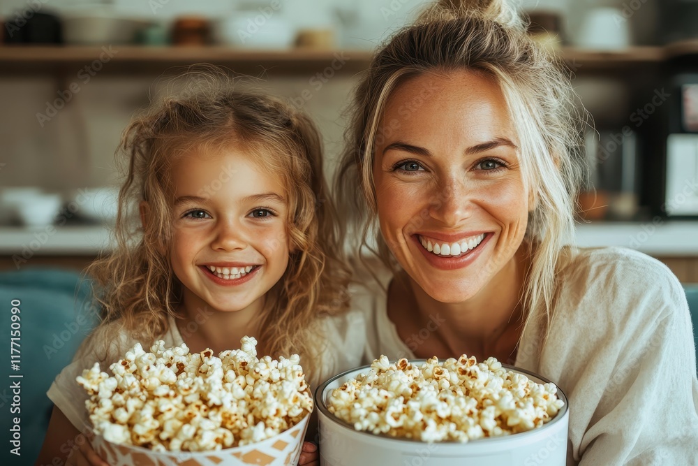 A delightful mother and daughter happily pose with bowls of popcorn, radiating joy and warmth, capturing the essence of bonding and family connections. A delightful mother and daughter happily pose with bowls of popcorn, radiating joy and warmth, capturing the essence of bonding and family connections.