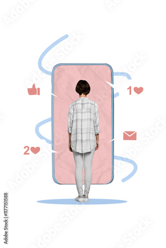 Fotografie Vertical creative collage image of little young woman addicted blogger influence