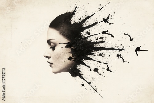 Creative portrait side profile with abstract ink splatter effect