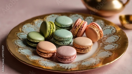 Stack Of Traditional French Macarons In Pastel Colors, Arranged Elegantly On A Gold Trimmed Plate photo