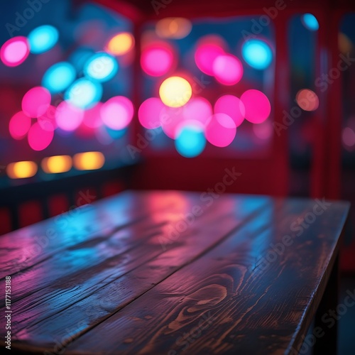  Moody Wooden Table with Neon Bokeh Background