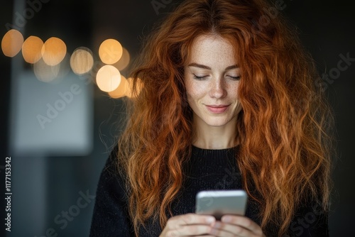 A freckled redhead woman smiles sincerely as she uses her smartphone, embodying joy and connection while immersed in a warm and inviting indoor environment with soft lighting.